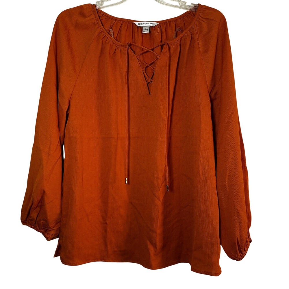 Counterparts Womens Bright Pumpkin Orange Lace Up V-Neck Blouse 91480045HA Small